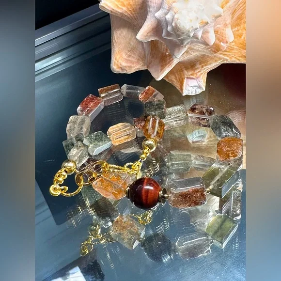 GOLDEN PHANTOM QUARTZ + TIGERS EYE STONES NATURAL NECKLACE - Picture 4 of 16